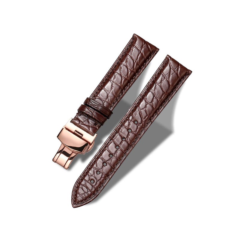 MORANO Moran Alligator Leather Watch Band Replacement Deployment Butterfly Buckle 18mm 19mm 20mm 21mm 22mm 23mm 24mm Crocodile Watch strap for Men and Women (Alligator Brown-Rose Gold Buckle, 22mm) - Image 1